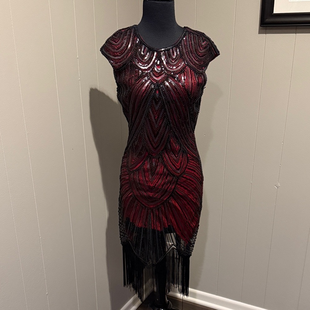 Red Sequin & Fringe Mini Dress with Black Beaded Accents